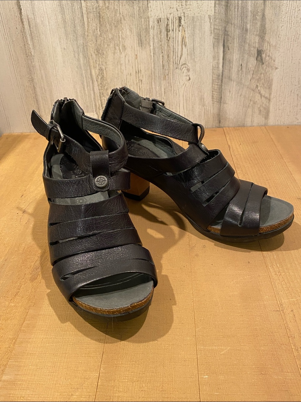 bussola Black Leather Multi-Strap Block Heel Sandals